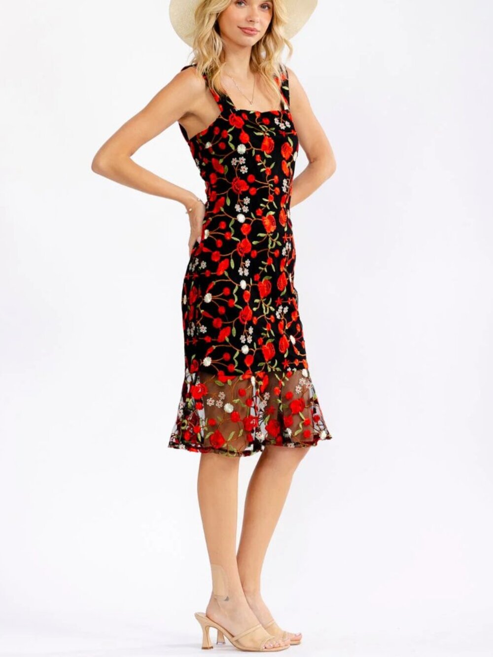 Red Black Embroidered Sleeveless Midi Dress Whimsical Goth Dark Romantic